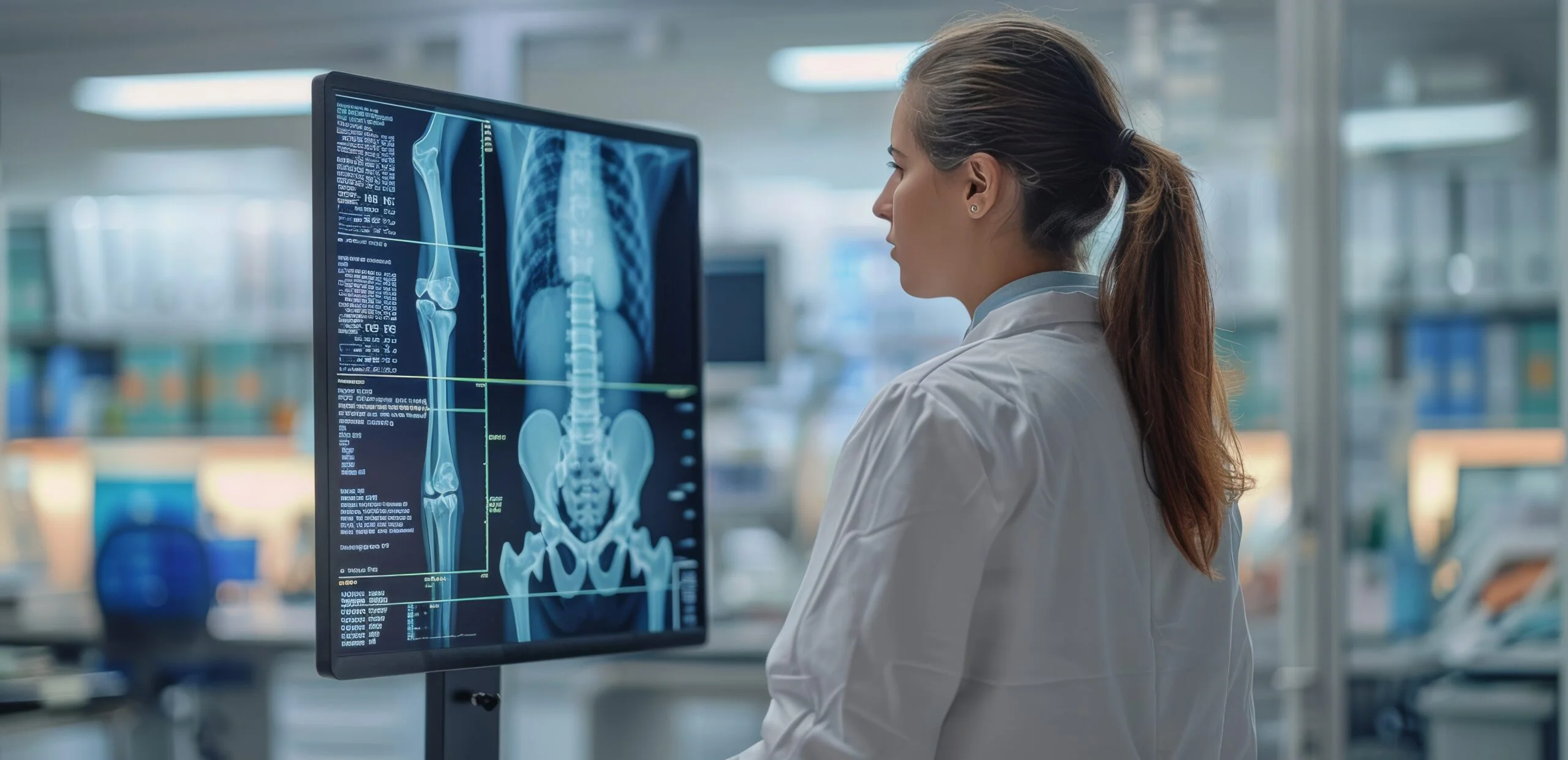 Female Doctor Examining Medical Images on Large Screen in Hospital ai in medical imaging